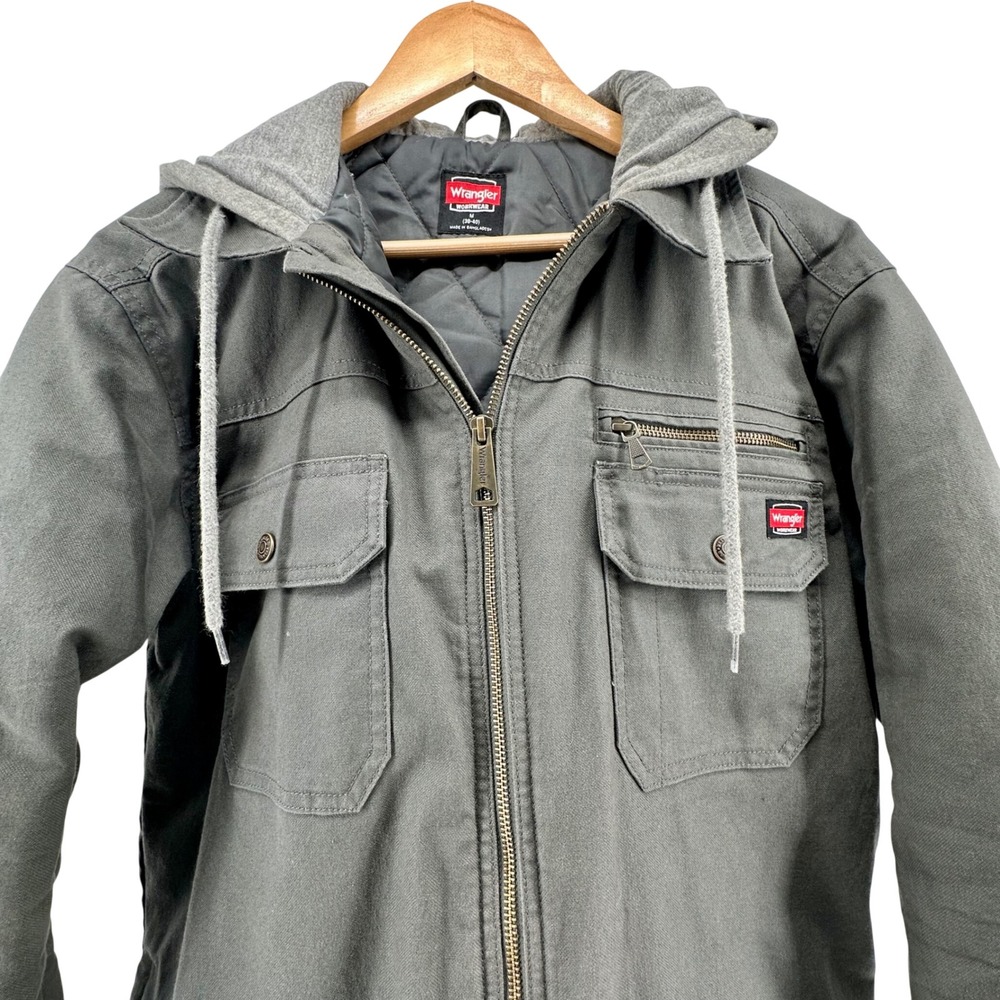 Wrangler Workwear Mens Gray Canvas Quilted‎ Lined Hooded Jacket WW65202 Medium